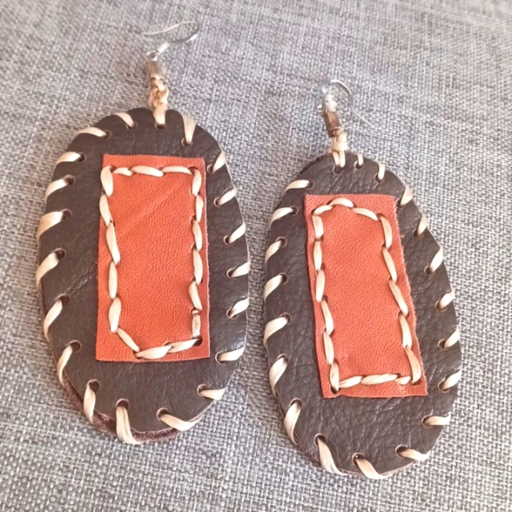 Vintage Boho Hippie Handmade Leather Earrings - Pre-loved (4.25")